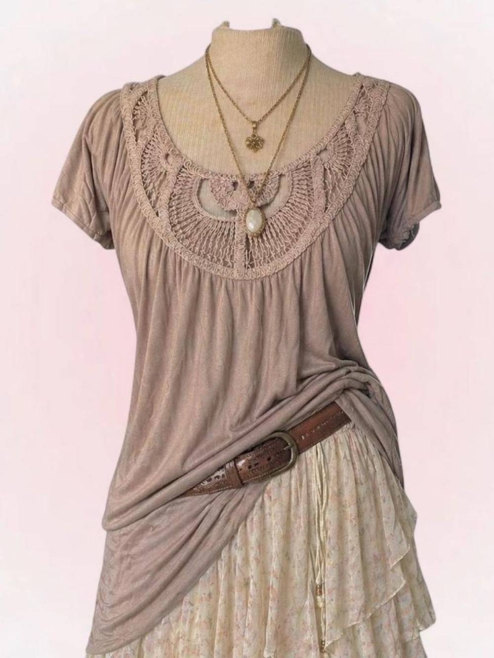 Boho Crochet Short Sleeve Top in Taupe